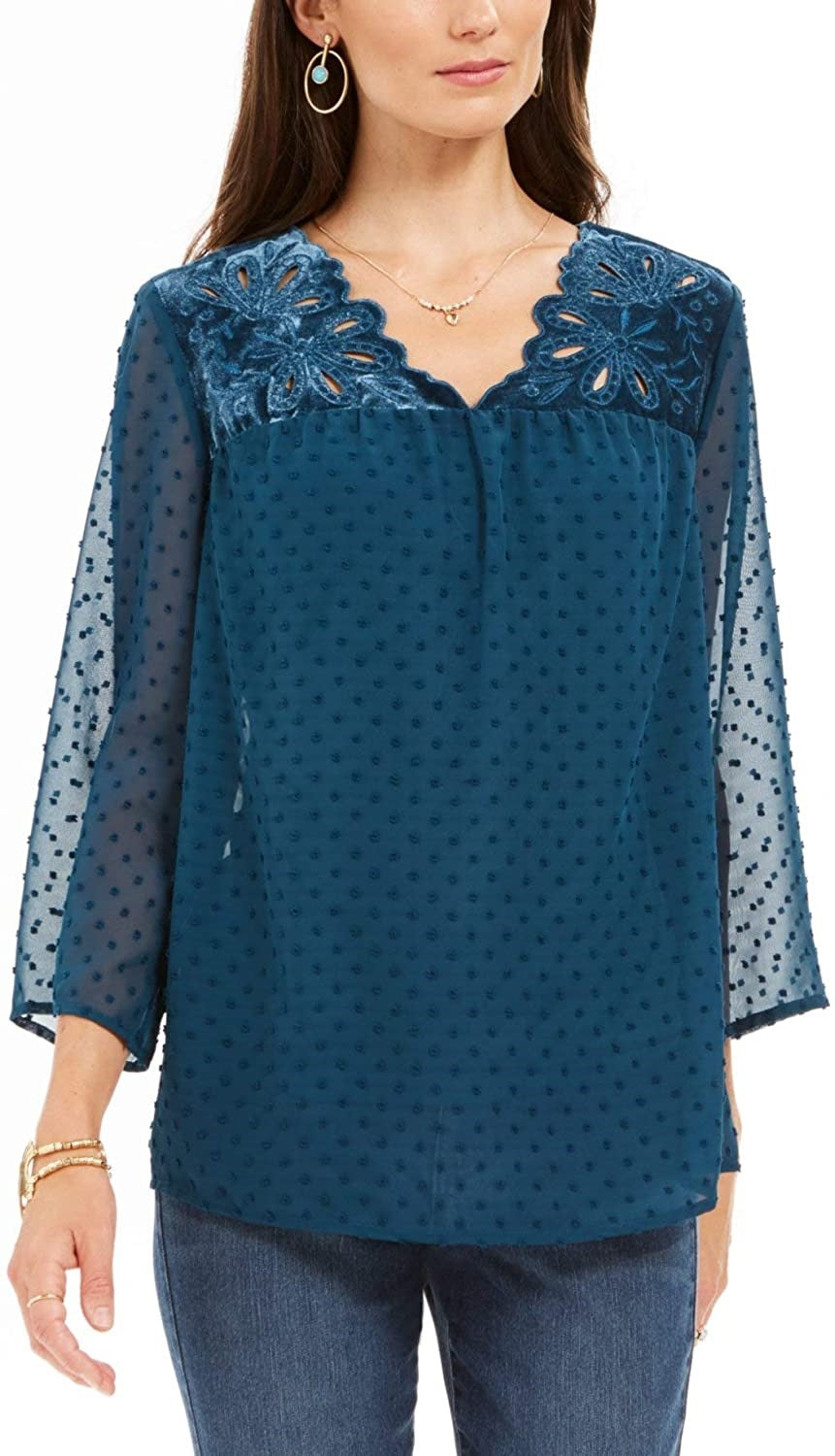Style & Co Women's Mixed-Media Sheer-Sleeve Blouse Green Size Extra Small