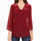 Style & Co Women's Mixed-Media Sheer-Sleeve Blouse Red Size Large