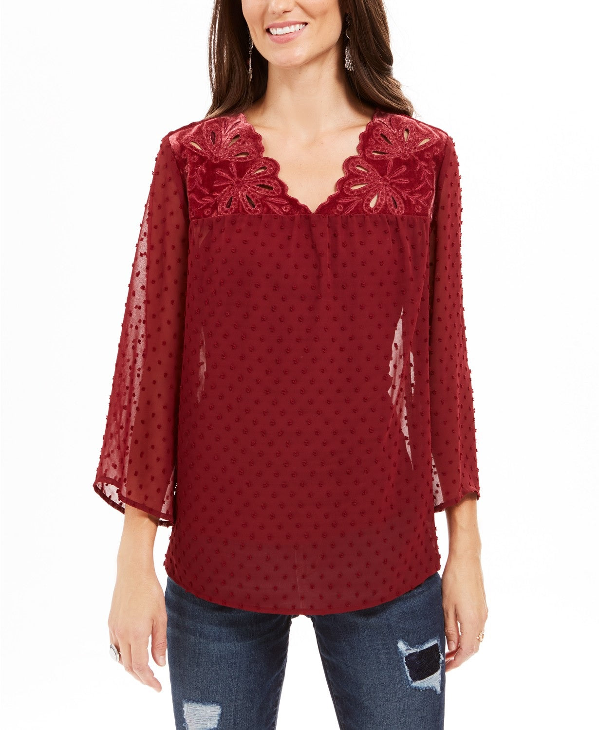 Style & Co Women's Mixed-Media Sheer-Sleeve Blouse Red Size Large