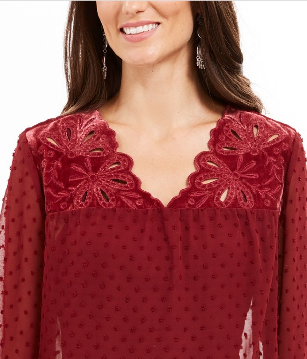 Style & Co Women's Mixed-Media Sheer-Sleeve Blouse Red Size Medium
