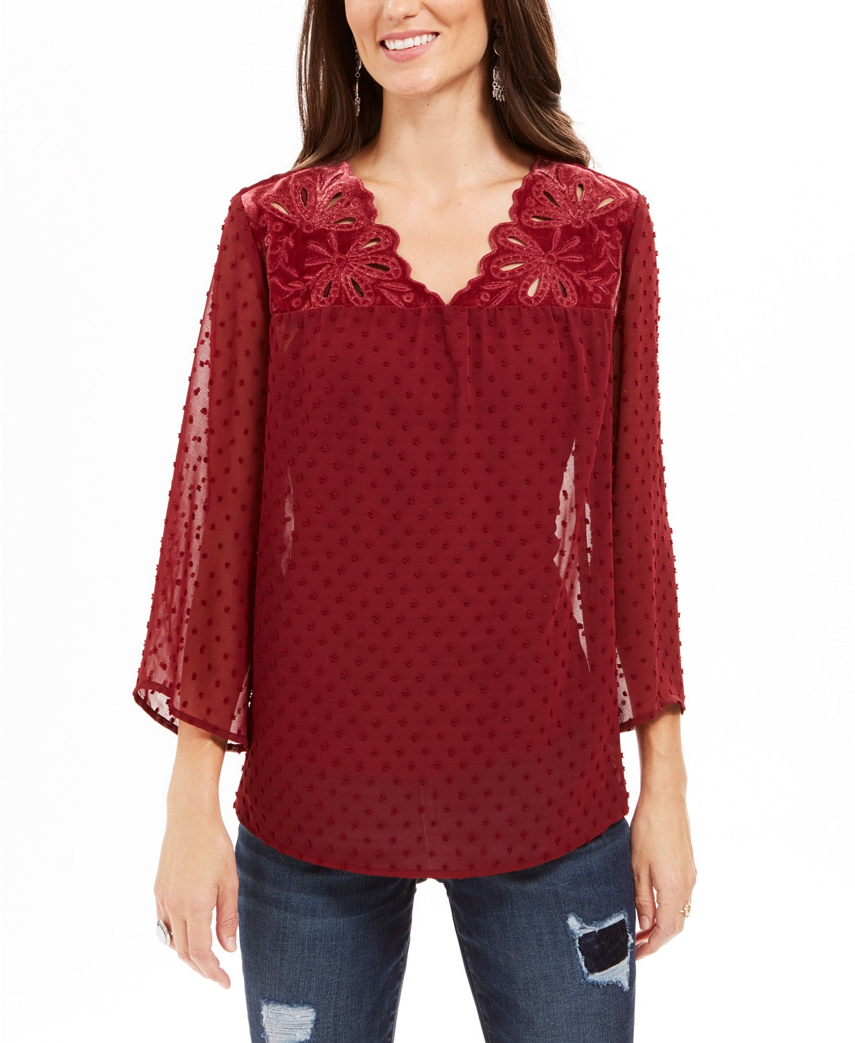 Style & Co Women's Mixed-Media Sheer-Sleeve Blouse  Red Size Extra Small