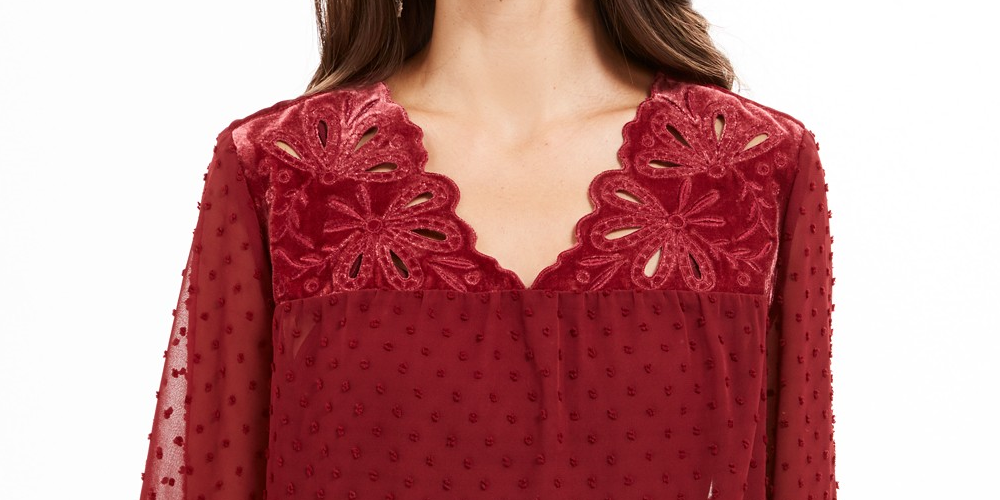 Style & Co Women's Mixed-Media Sheer-Sleeve Blouse  Red Size Extra Small