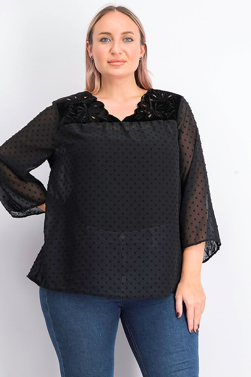 Style & Co Women's Plus Size Swiss-Dot Velvet-Yoke Top Black Size 1X