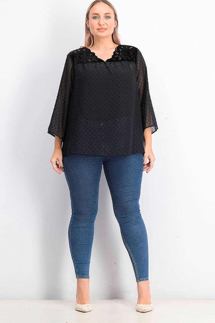 Style & Co Women's Plus Size Swiss-Dot Velvet-Yoke Top Black Size 1X