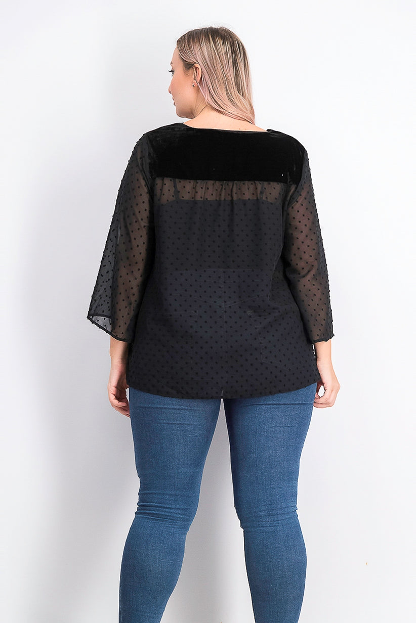 Style & Co Women's Plus Size Swiss-Dot Velvet-Yoke Top Black Size 1X