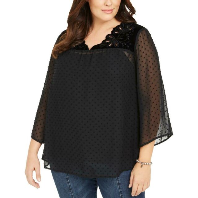 Style & Co Women's Plus Size Swiss-Dot Velvet-Yoke Top Black Size 3X