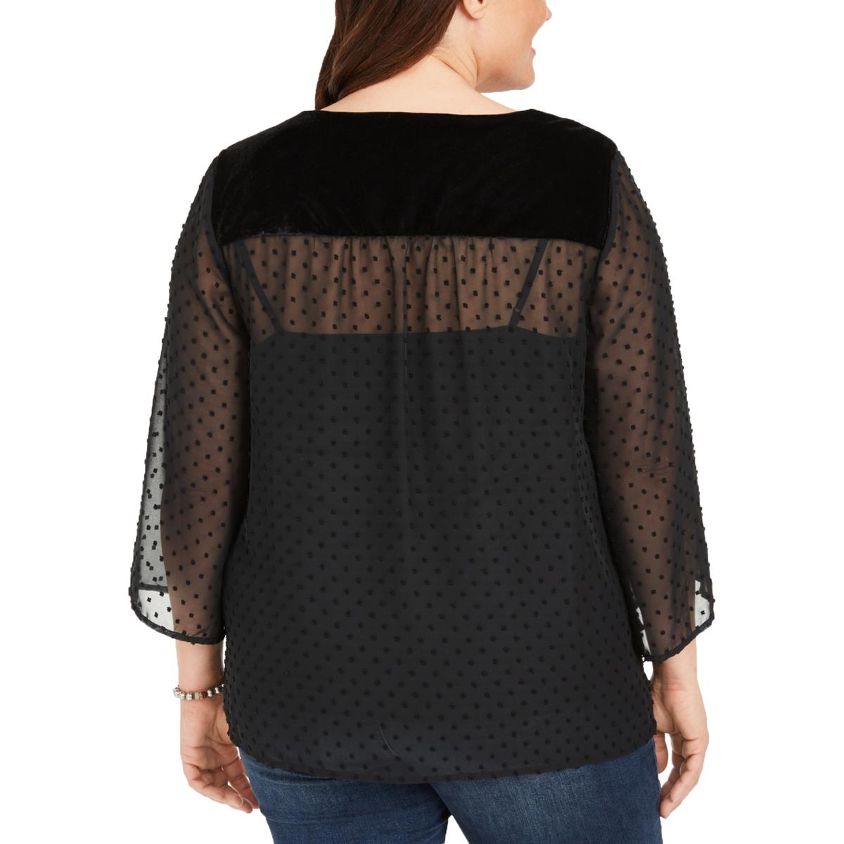 Style & Co Women's Plus Size Swiss-Dot Velvet-Yoke Top Black Size 3X