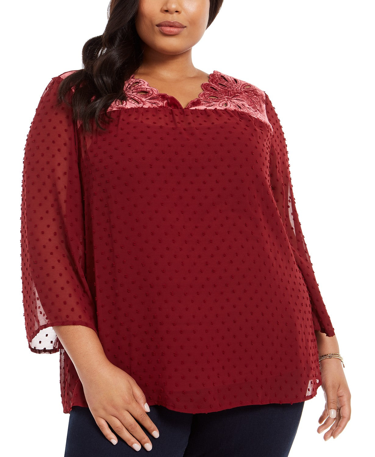 Style & Co Women's Plus Size Swiss-Dot Velvet-Yoke Top Red Size 2 Extra Large