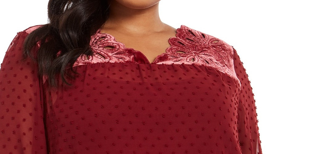 Style & Co Women's Plus Size Swiss-Dot Velvet-Yoke Top Red Size 3 X-Large