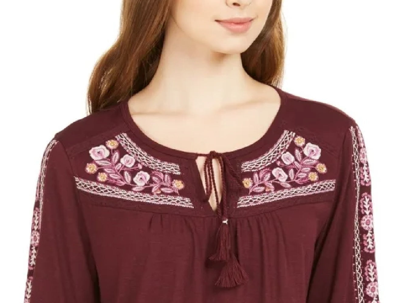 Style & Co Women's Floral Long Sleeve Keyhole Top Purple Size Small