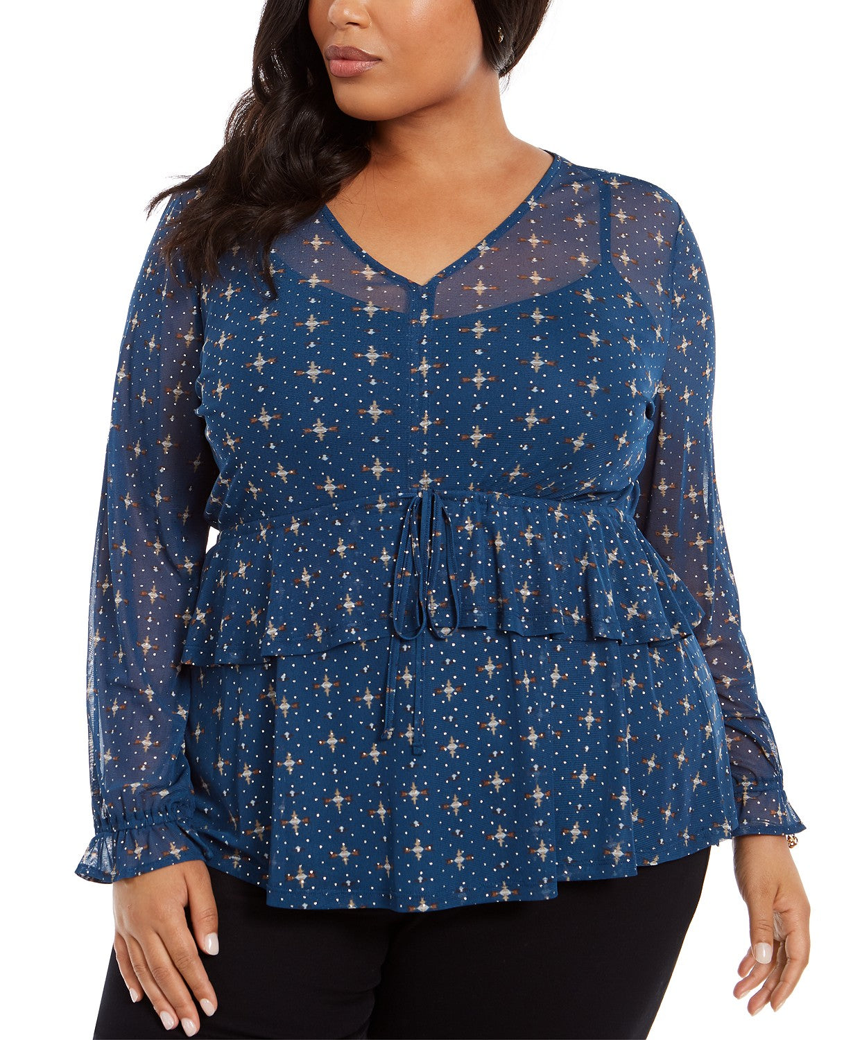 Style & Co Women's Plus Size Ruffle-Front Mesh Top Green Size X-Large