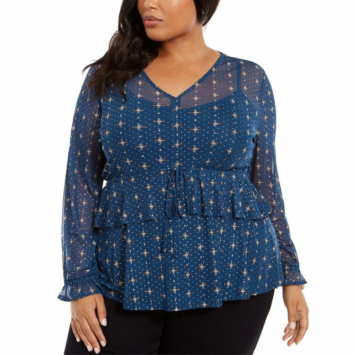 Style & Co Women's Plus Size Ruffle-Front Mesh Top Blue Size 3X