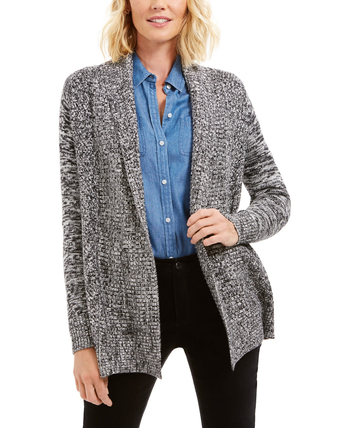 Charter Club Women's Marled Shawl-Collar Cardigan Black Size Large