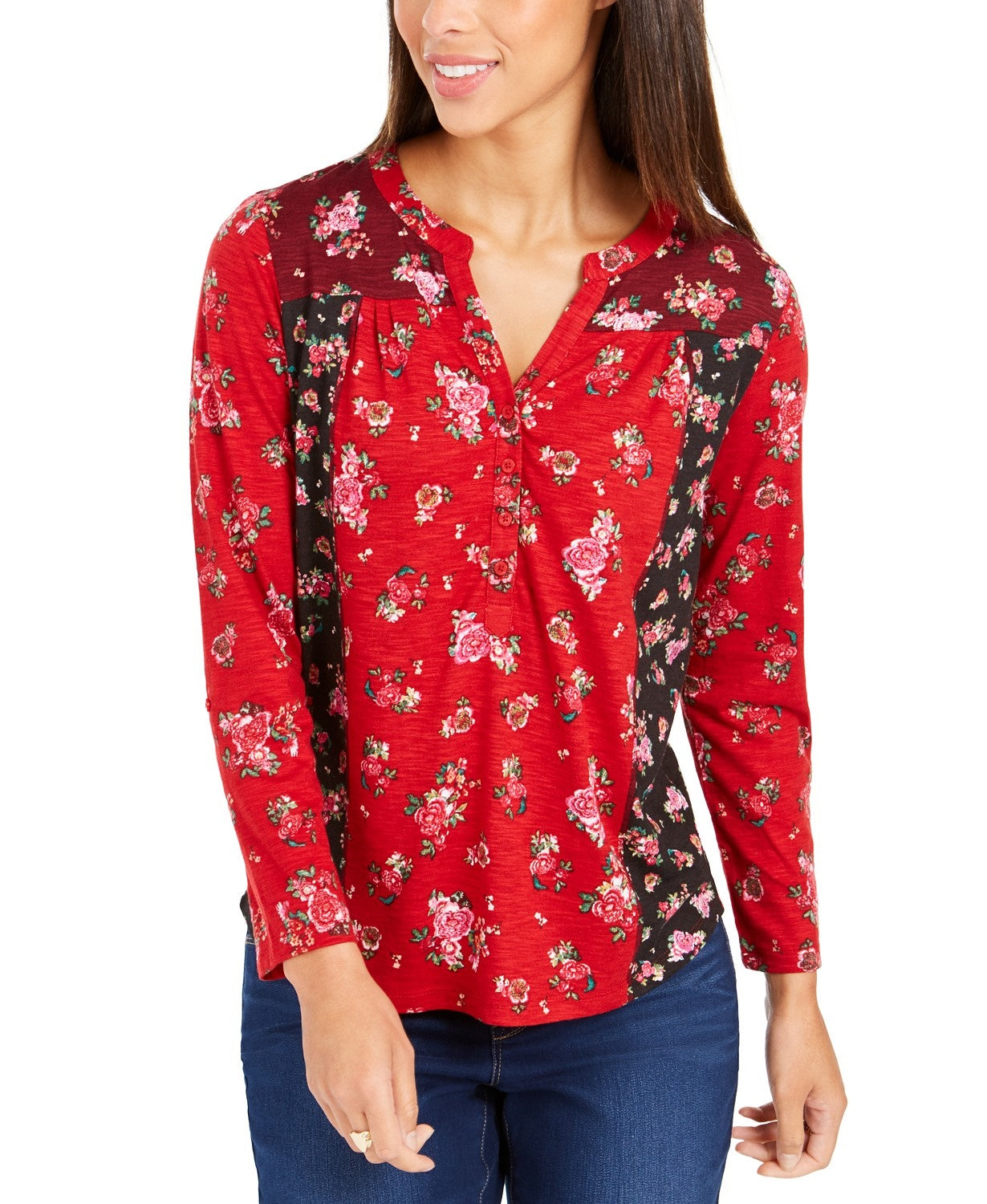 Style & Co Women's Floral Print Button-Down Top Red Size Petite-Large
