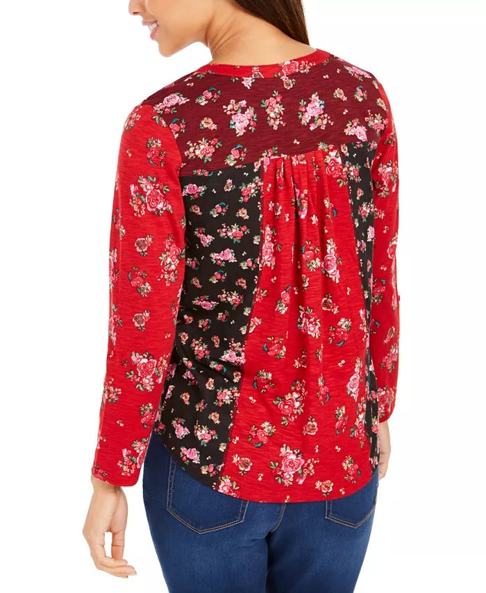 Style & Co Women's Floral Print Button-Down Top Red Size Petite-Large