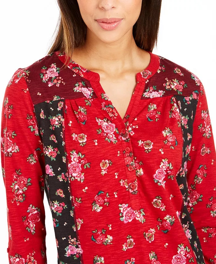 Style & Co Women's Floral Print Button-Down Top Red Size Petite-Large