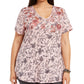 Style & Co Women's Plus Size Printed Cotton V-Neck Top Red Size 0X