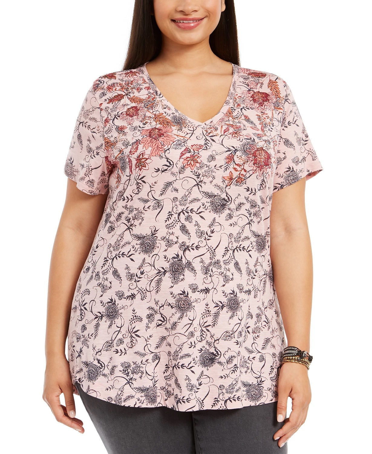 Style & Co Women's Plus Size Printed Cotton V-Neck Top Red Size 0X