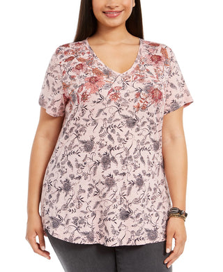 Style & Co Women's Plus Size Printed Cotton V-Neck Top Red Size 0X