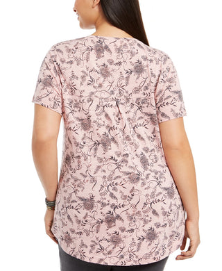 Style & Co Women's Plus Size Printed Cotton V-Neck Top Red Size 0X