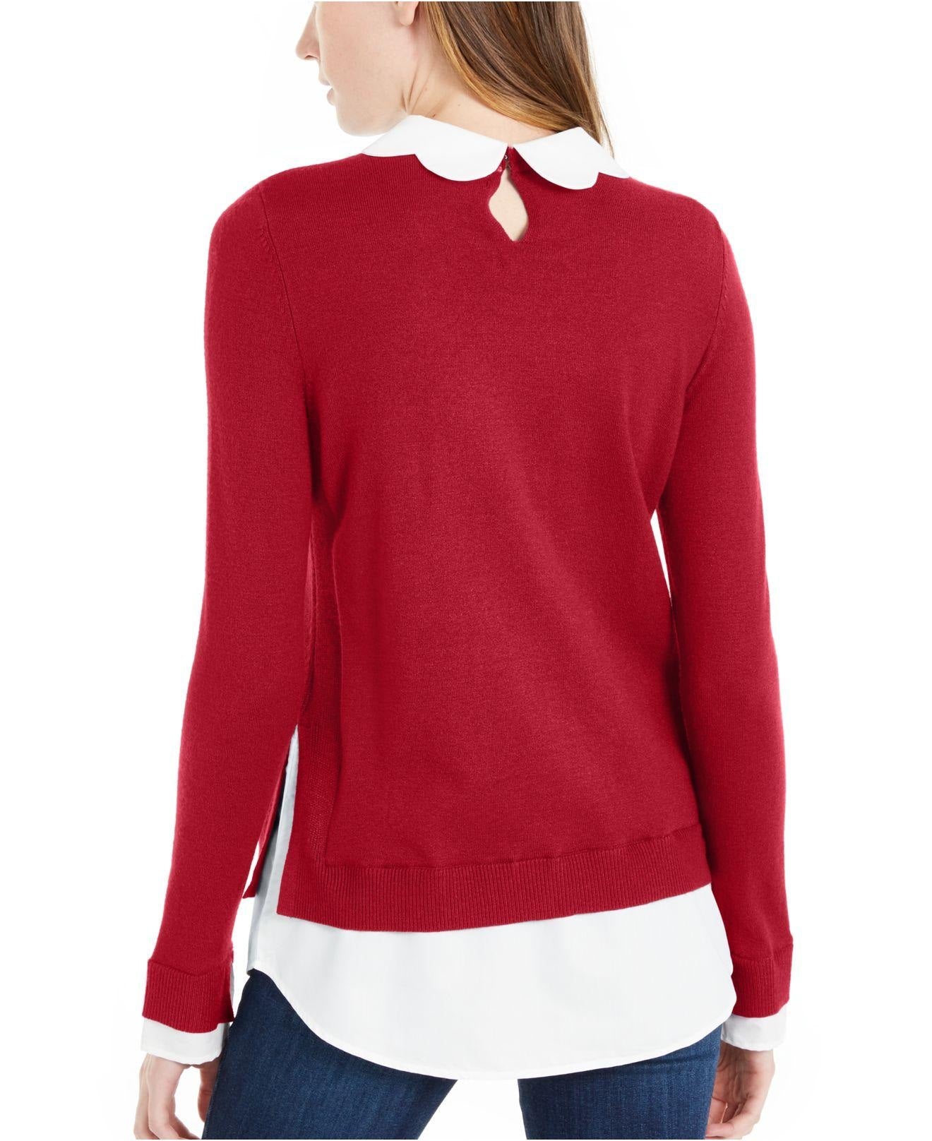 Maison Jules Women's Scalloped-Neck Layered-Look Sweater Bright Red Size X-Small