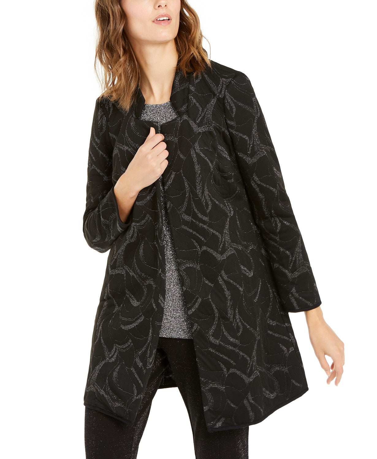 Alfani Women's Metallic-Print Jacquard Topper Jacket Black Size Medium