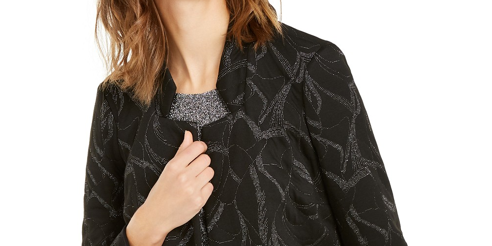 Alfani Women's Metallic-Print Jacquard Topper Jacket Black Size Medium