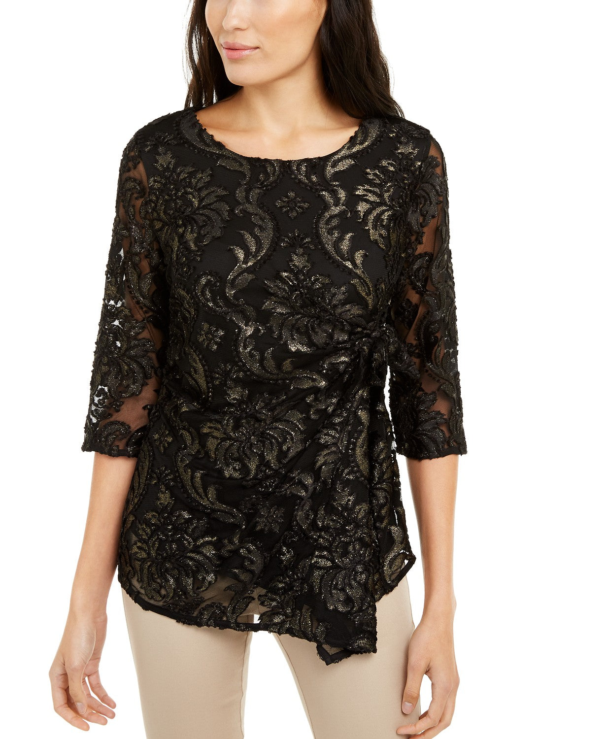 Alfani Women's Petite Velvet-Burnout Side-Tie Top Black Size Medium