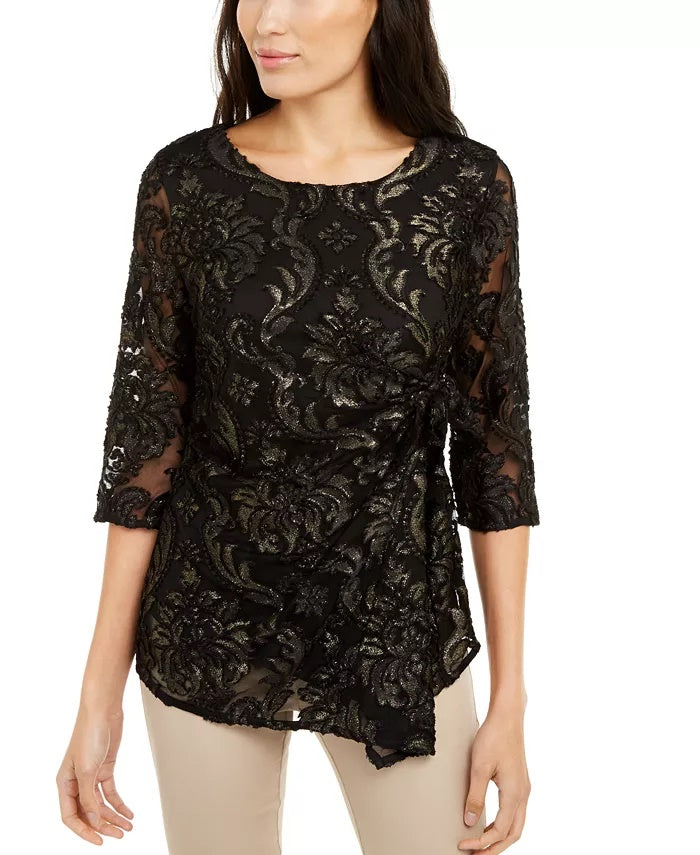 Alfani Women's Velvet-Burnout Side-Tie Top Black Size Petite Small