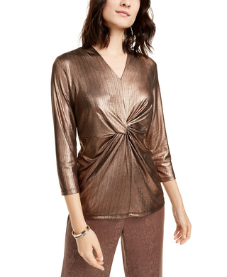 Alfani Women's Metallic Twist-Front Top Charcoal Size Large