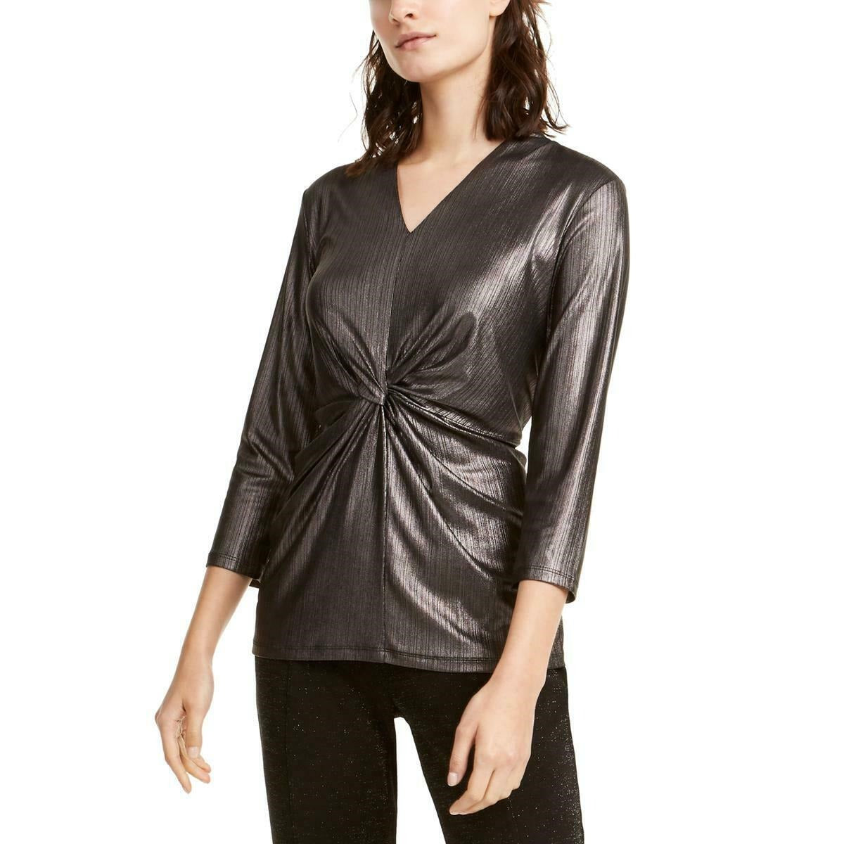 Alfani Women's Metallic Twist-Front Top Charcoal Size 2 Extra Large