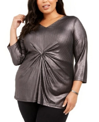 Alfani Women's Plus Size Metallic Twist-Front Top Black Size 2 Extra Large