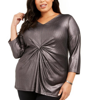 Alfani Women's Plus Size Metallic Twist-Front Top Black Size 1X