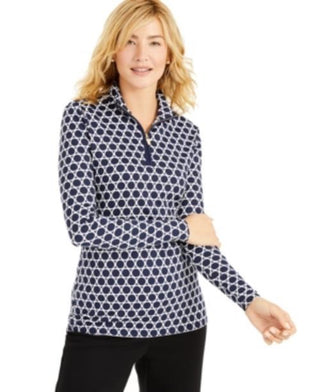 Charter Club Women's Printed Half-Zip Top  Blue Size Small