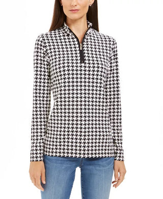 Charter Club Women's Houndstooth-Print Zippered Top Black Size Small