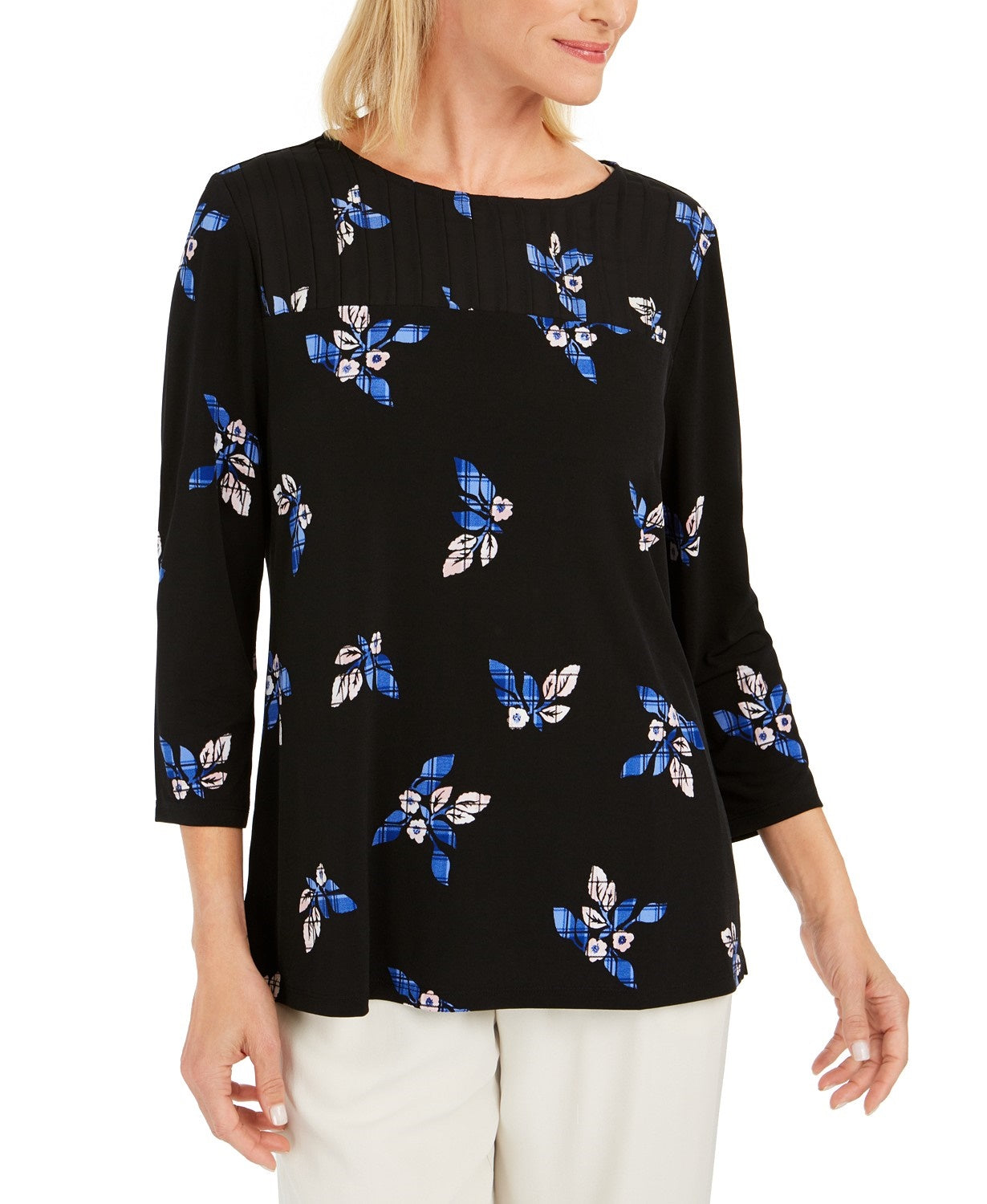 Charter Club Women's Floral Print Pleated Yoke Blouse Black Size Small