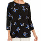 Charter Club Women's Floral Print Pleated Yoke Blouse Black Size Large