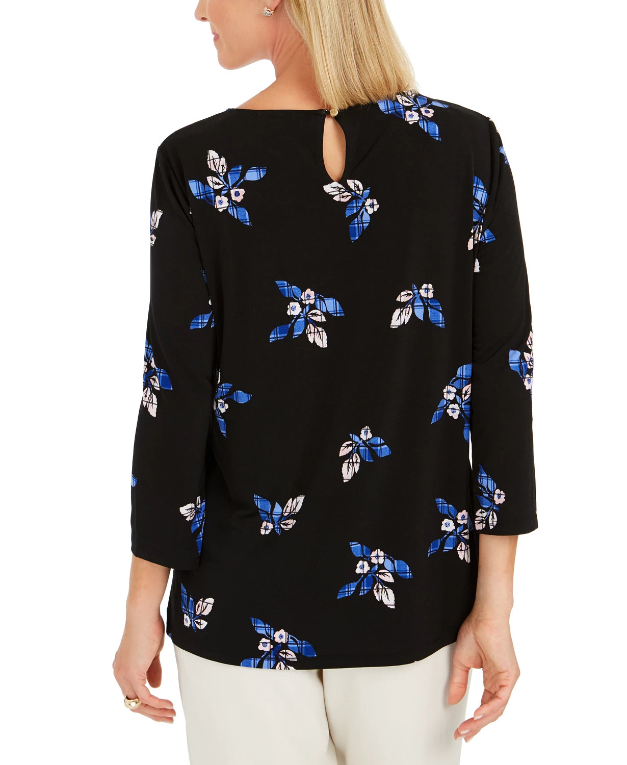Charter Club Women's Floral Print Pleated Yoke Blouse Black Size Large