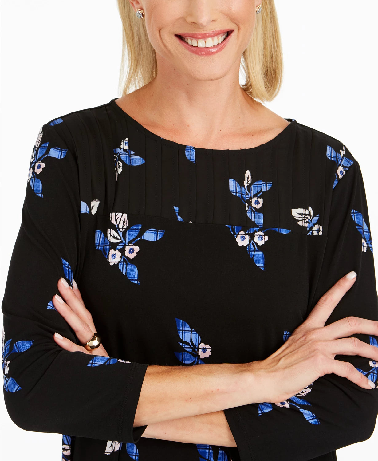 Charter Club Women's Floral Print Pleated Yoke Blouse Black Size Large