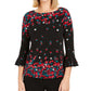 Charter Club Women's Floral Print Bell Sleeve Blouse Black Size Small