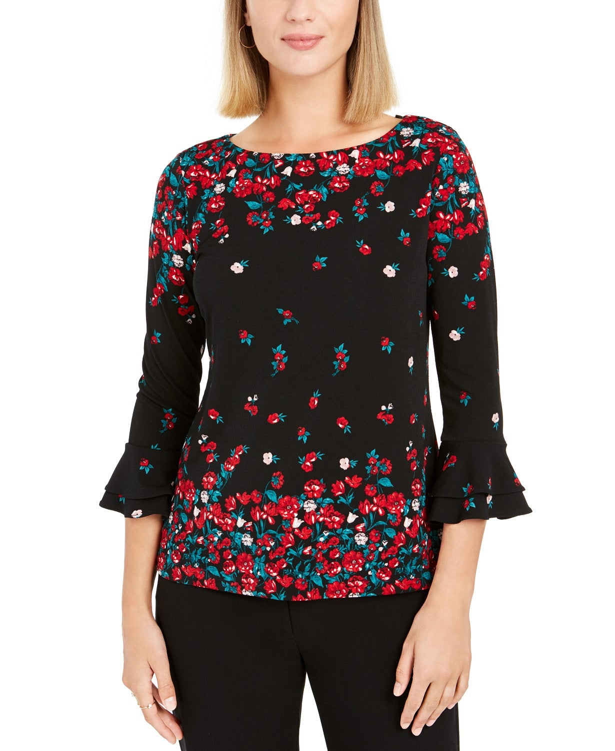 Charter Club Women's Floral Print Bell Sleeve Blouse Black Size Small