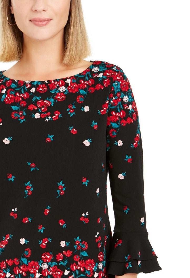 Charter Club Women's Floral Print Bell Sleeve Blouse Black Size Small