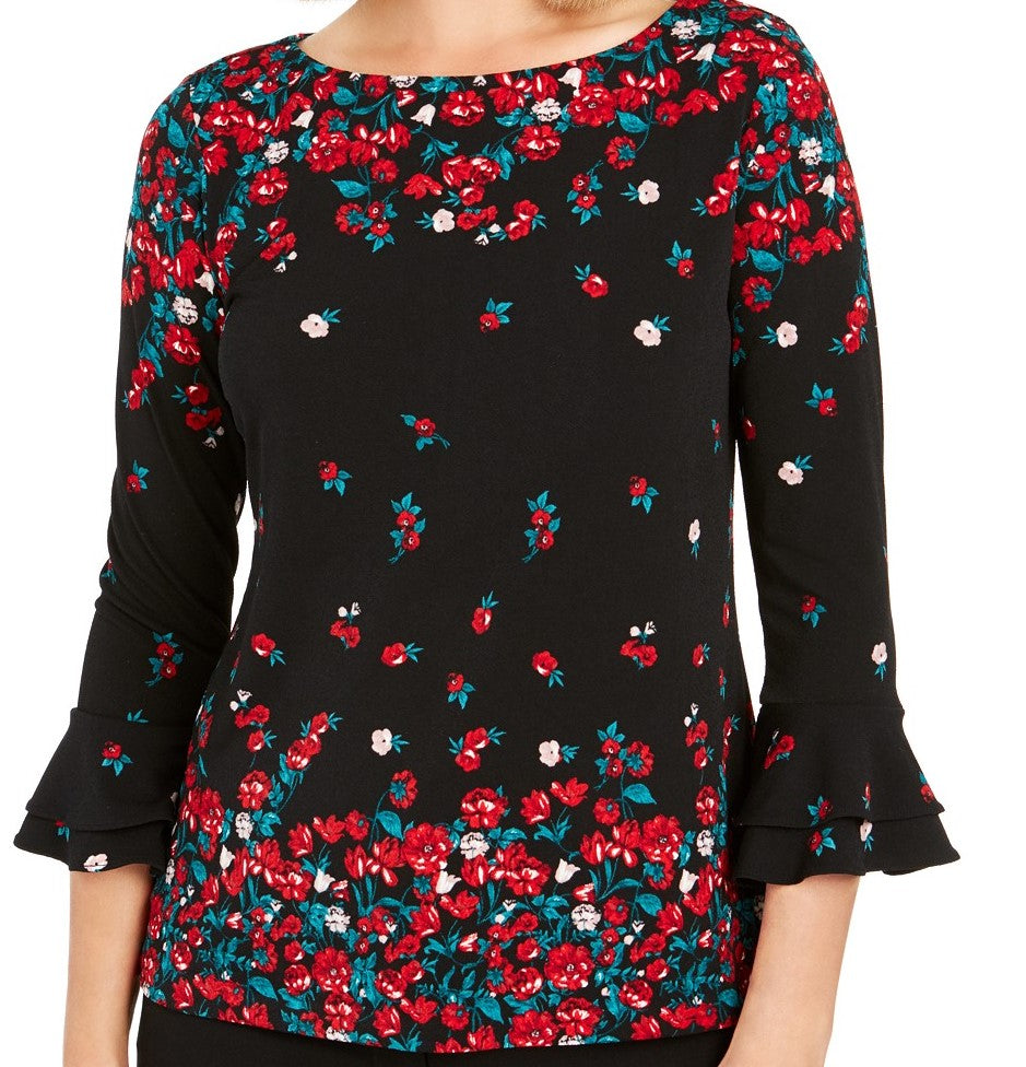 Charter Club Women's Floral Print Bell Sleeve Blouse Black Size Extra Large