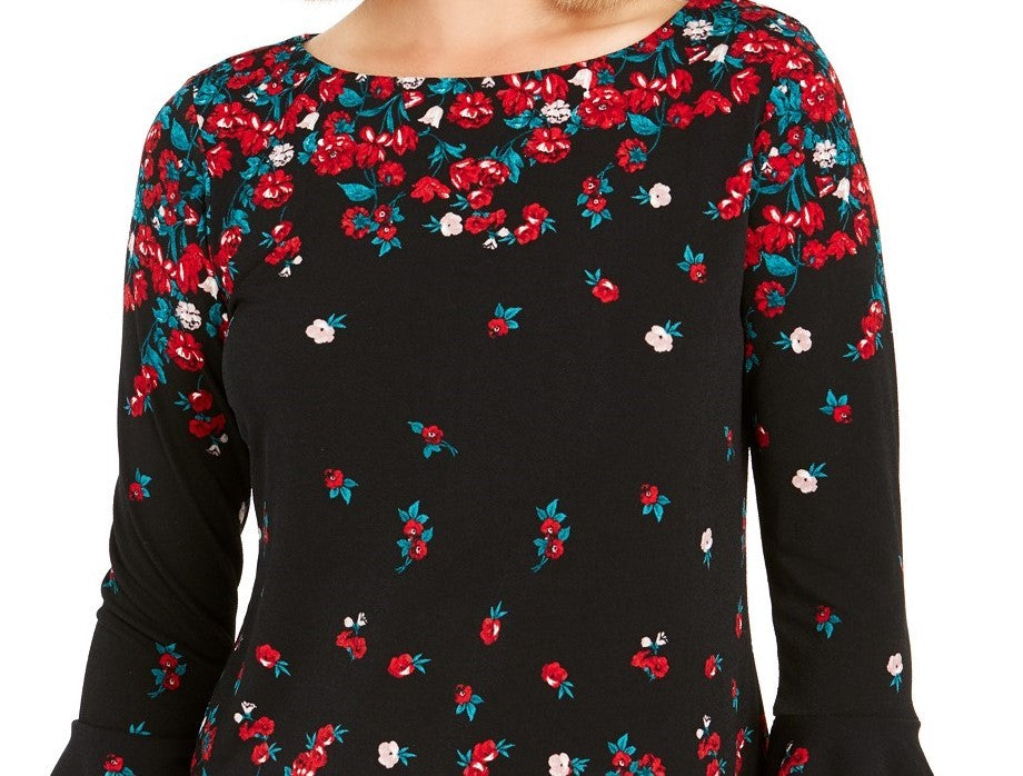 Charter Club Women's Floral Print Bell Sleeve Blouse Black Size Extra Large