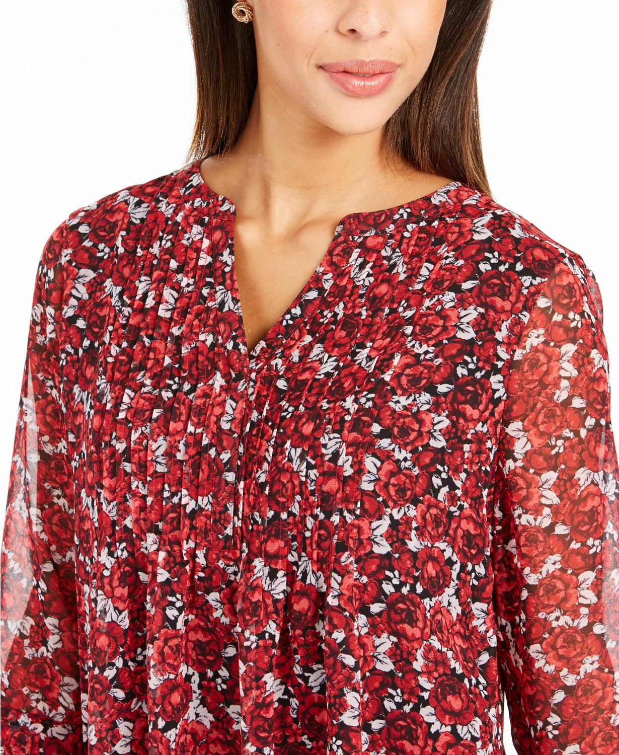 Charter Club Women's Floral-Print Bell-Sleeve Top Red Size Small