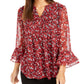 Charter Club Women's Floral-Print Bell-Sleeve Top Red Size Small