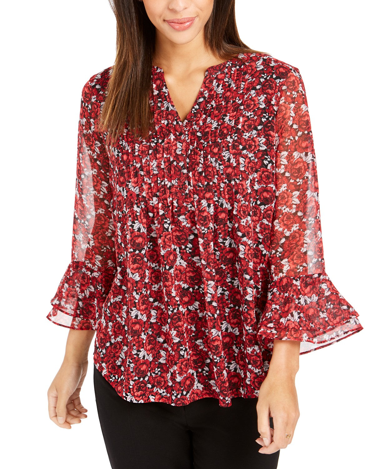 Charter Club Women's Floral-Print Bell-Sleeve Top Red Size Small