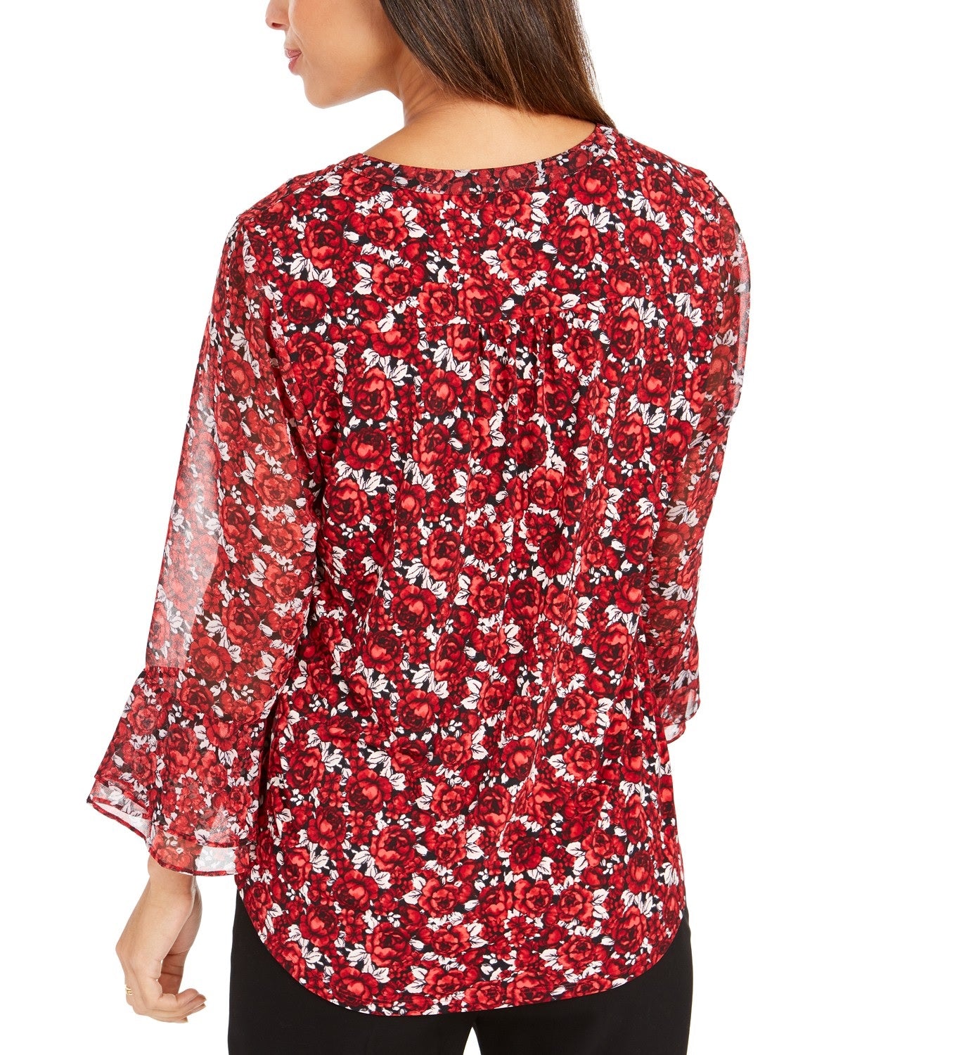 Charter Club Women's Floral-Print Bell-Sleeve Top Red Size Small