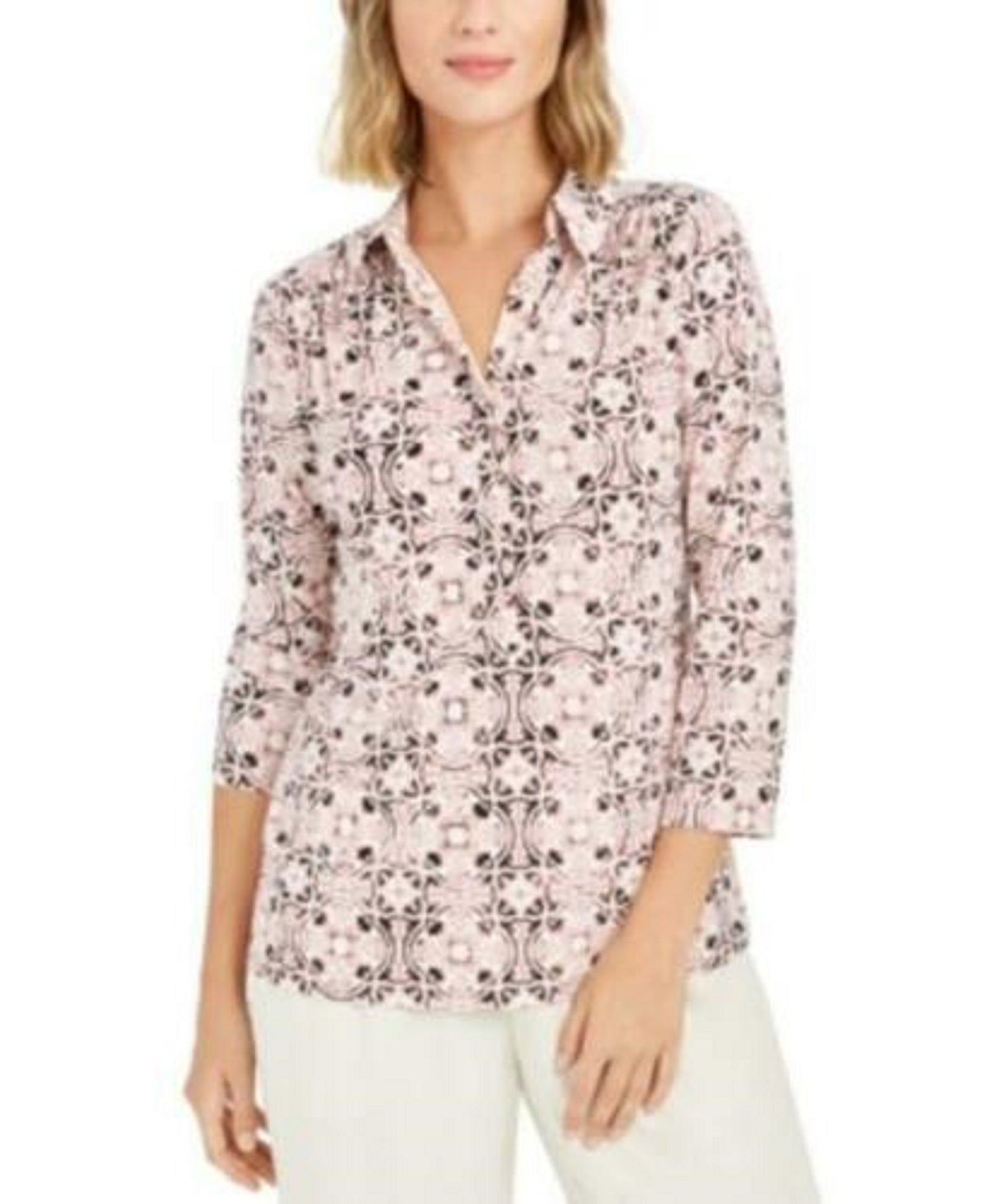 Charter Club Women's 3/4 Sleeve Printed Polo Top Pink Size XX-Large