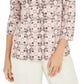 Charter Club Women's 3/4 Sleeve Printed Polo Top Pink Size XX-Large